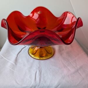 Viking Glass Persimmon 6 Petal Handmade Glass Bowl Compote with Label MCM